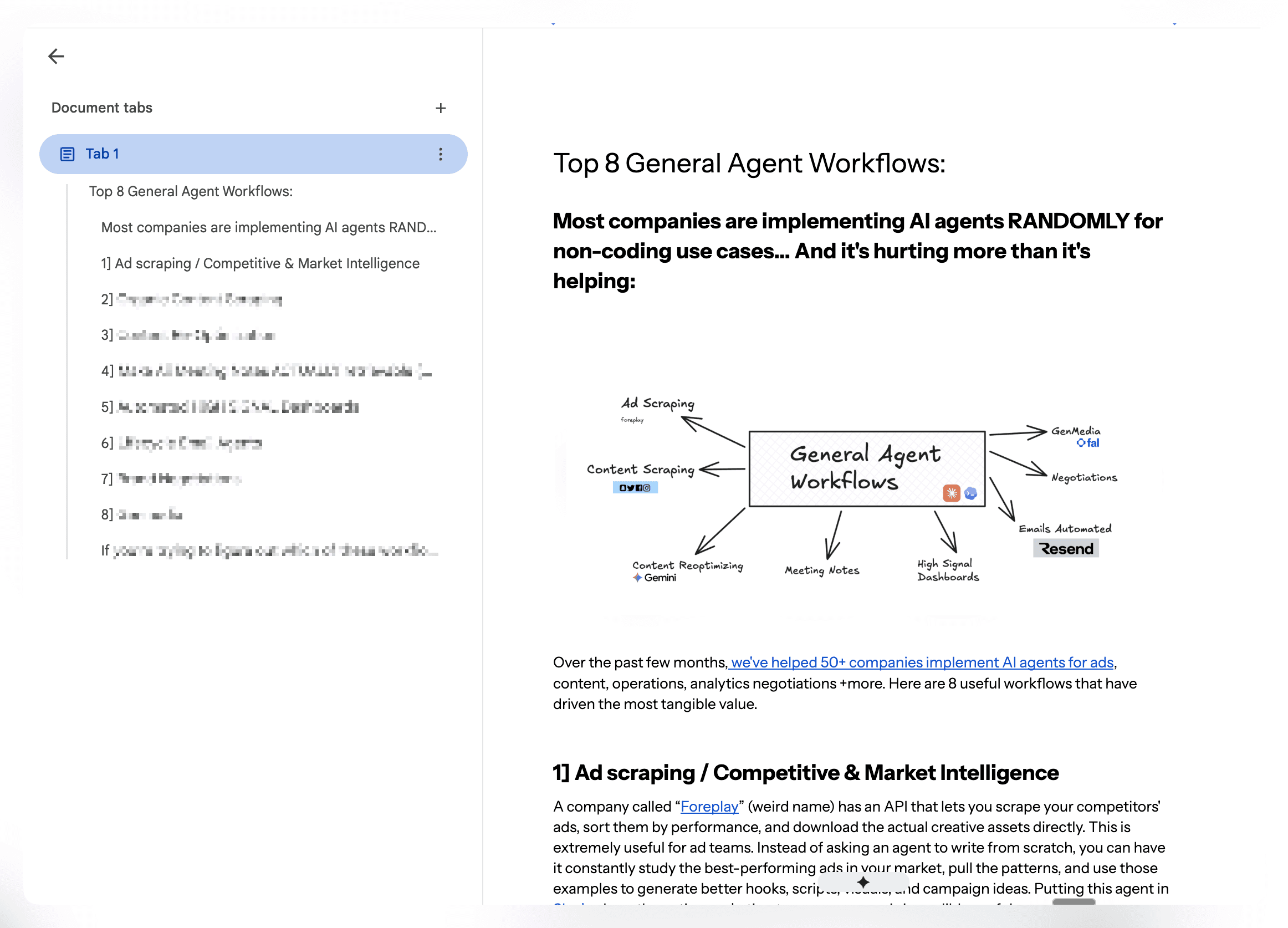 Preview of the Top 8 General Agent Workflows guide in Google Docs.